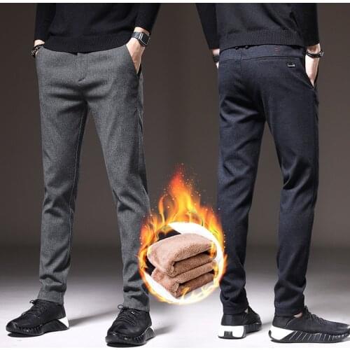 Brand Clothing Winter Fleece Warm Thick Pants Men Business Fashion Stretch Velvet Black Gray Blue Casual Trousers Plus Size 38