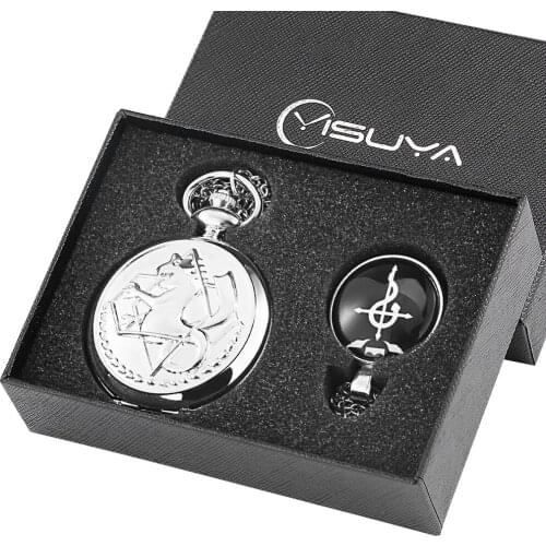 Silver Retro Pocket Watch Necklace Set Chic Flip Quartz Watch Exquisite Pendant Thick Chain Clock Best Gifts Set for Boyfriend