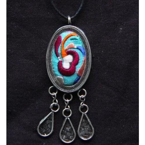 Hand embroidered Oval Necklace tassel sweater chain artistic female Miao Silver Pendant Pendant Long sweet
