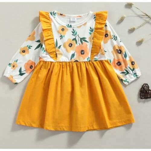 Kids Dress Spring Autumn, Floral Stitching O-Neck Ruffled Long Sleeves Casual Skirt for Girls, 18 Months to 5 Years
