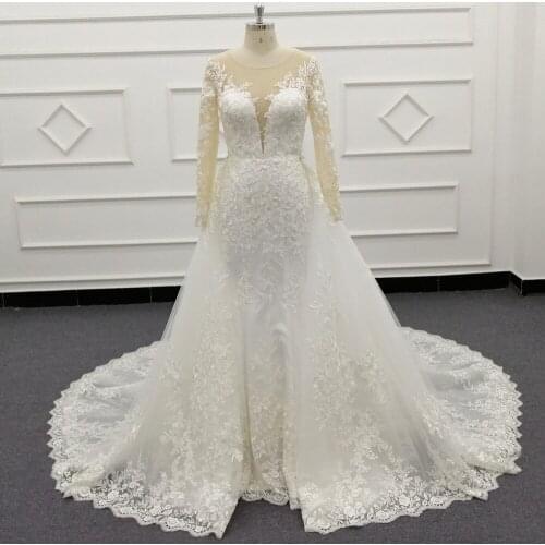 Molanda Hung Bridal Dresses With Detachable Train 2 in 1 Dress Deep V Neckline Long Sleeves Zipper Court Train Appliques SJ295