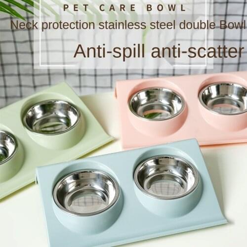 Protect the cervical spine stainless steel double bowl oblique mouth splash-proof drinking bowl rice bowl pet supplies food bowl