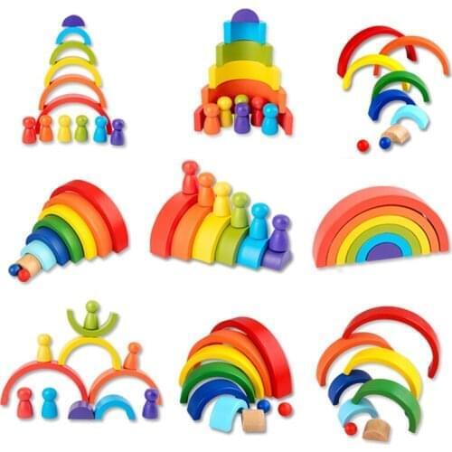 Rainbow Creative DIY Montessori Toys Stacker Wooden Blocks Set Early Learning Educational Toy For Children Kids Baby Gifts