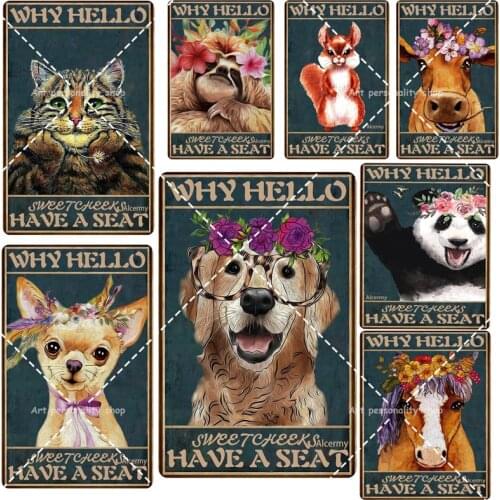 Retro Funny Why Hello Sweet Cheeks Have A Seat Chihuahua Dog Metal Tin Sign Vintage Art Wall Decor Posters for Farmhouse 8x12In