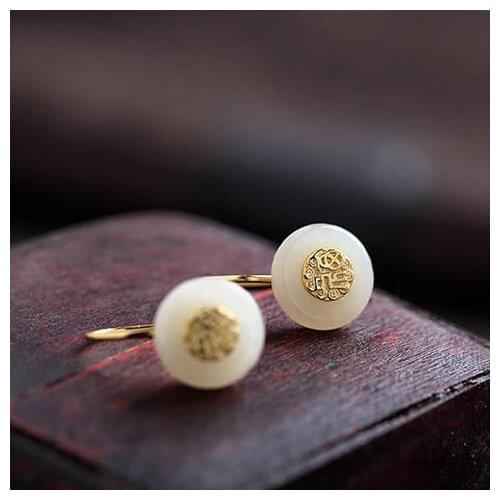 S925 Sterling Silver Hetian Jade Fu Earrings High-Grade Earrings Trendy Personality Simple Gilding Craft Silver Earrings