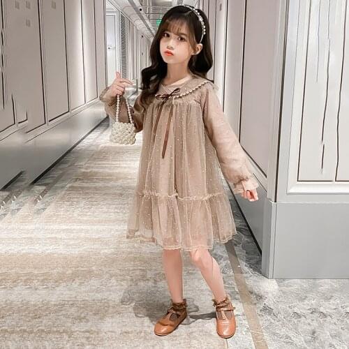 4 To14 Years Kids and Teen Girls Mesh Princess Dress 2021 New Children Korean Style Long Sleeve Spring Clothing Sweet, #9416