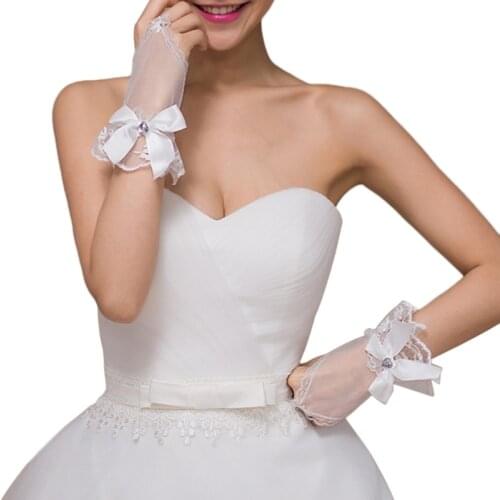 Wedding Fingerless Bridal Short Gloves Lace Floral Heart Rhinestone Bowknot Soft