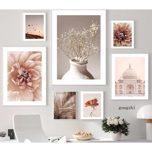 Taj Mahal Beige Flower Vase Balloon Golden Palm Leaf Nordic Poster Canvas Painting Wall Art Pictures Living Room Home Decoration