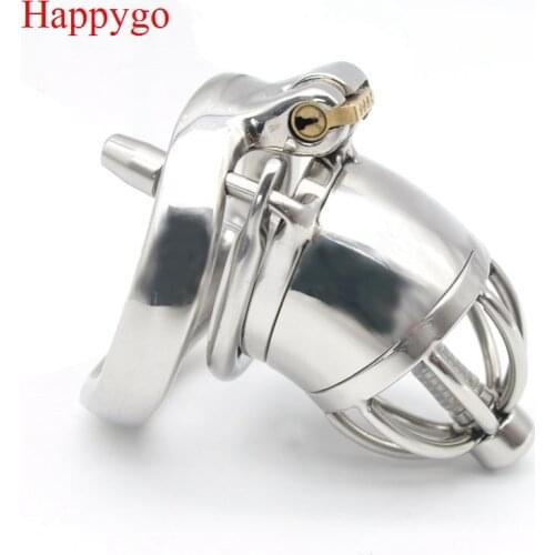 Happygo Stainless Steel Chastity Device with Urethral Catheter and Anti-Shedding Ring,Cock Cage,Penis Ring,A277-2
