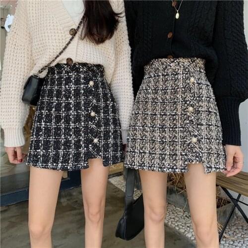 Vintage Plaid Tweed Skirts Thicken Women 2020 Winter Elegant Single-Breasted Short Mini Skirt High Waist Female A-line Skirt