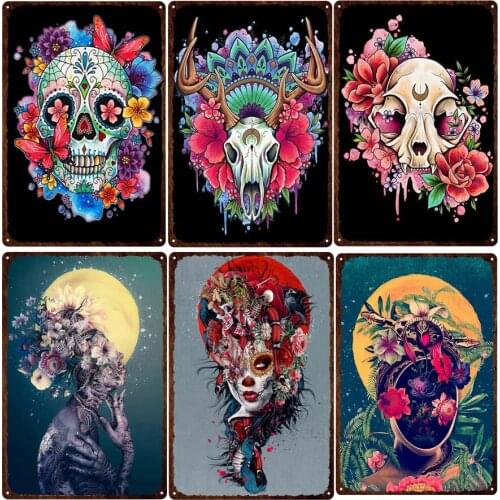 Vintage Quirky Flower Skull Woman Tin Sign Retro Metal Plaques Wall Art Home Decor Pub Cafe Club Painting Iron Sign for Gifts