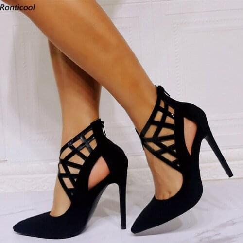 Ronticool Handmade Women Summer Pumps Faux Suede Hollow Stiletto Heel Pointed Toe Elegant Black Dress Shoes US Plus Size 5-15
