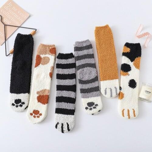 Cat Paw Sock for Woman Coral Fleece Crew Socks Adult Kawaii Ladies Thermal Warm Cotton Autumn Winter Female Trendy Calcetines