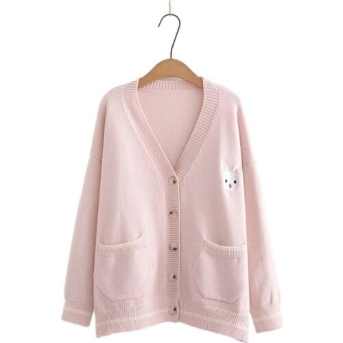 Cartoon Rabbit Embroidery Knit Women Cardigan 2021 Winter Single Breasted Korean Fashion Girly Sweety Basic Warm Soft Knitwear