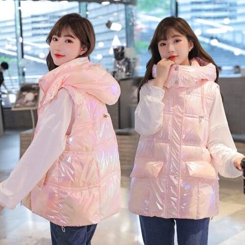 2021 Winter Women Light Fabric Vest Sweet Sleeveless Hooded Thick Warm padded Vest Coat Casual Grils Waistcoat