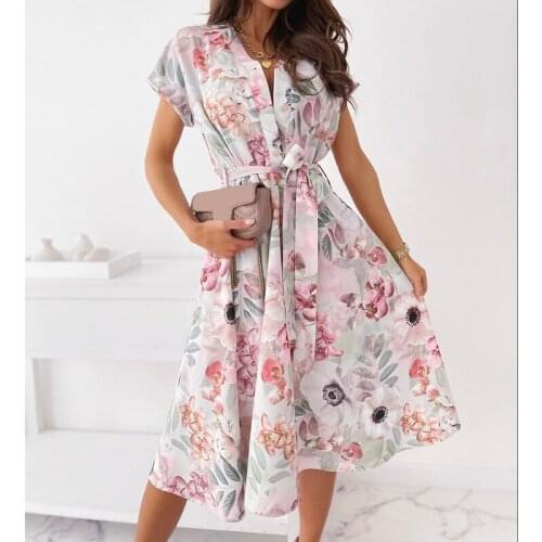 Vintage Floral Print Women Boho Short Sleeve Long Dress V Neck Casual Shirt Dresses Robe Summer Lace Up Fashion Elegant Party