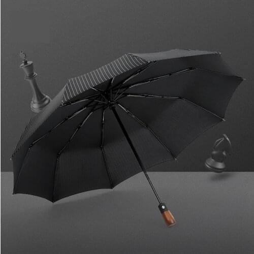 10 Ribs Windproof Male Parasol Wooden Handle Stripe Brand Large Folding Umbrella Rain Business Men Automatic Umbrellas