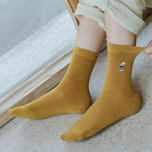 2021 Cute Animal Embroidery Cotton Socks Women Cartoon Pattern Female Lovely Socks Solid Color Mid Tube Stockings Casual Socks