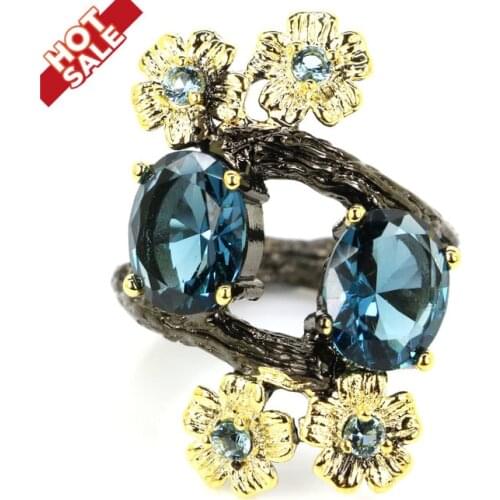 30x20mm Sublime Antique SheCrown Created Dark London Blue Topaz Black Gold Silver Rings