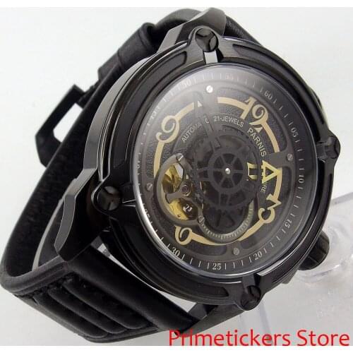 44mm PARNIS black dial PVD coated case sapphire glass automatic mens watch leather strap