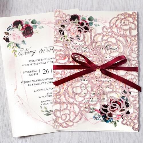 50pcs Rose Gold Glitter Cut Floral Invitation Cards for Wedding / Party / Quinceanera / Anniversary / Birthday, CW0024