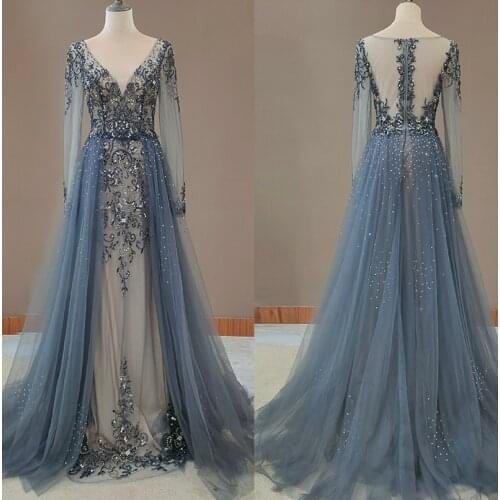 7849 #100% Real Photos Evening Dress A-Line Beading Lace Long Sleeve Sheer Back V-Neck Evening Dresses Party Wear