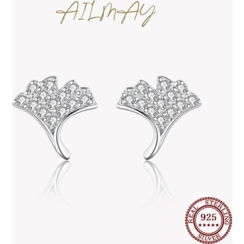 Ailmay Genuine 925 Sterling Silver Simple Ginkgo Leaf Sparkling Zircon Stud Earrings For Women Classic Charm Jewelry Gift