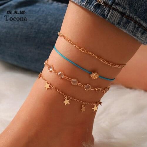 Tocona 4pcs/sets Shin Crystal Stone Tassel Anklets for Women Summer Starfish Shell Rope Foot Chain Bohemian Jewelry 13470