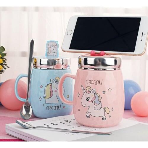 Unicorn mug creative cover spoon personality mobile phone bracket ceramic cup men and women Korean milk coffee cup CL11222120