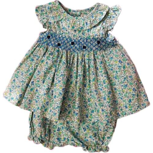 2021 Baby girl dress set summer toddler girls smocked floral dresses+pants kids girl short sleeve princess 2 pieces dress shorts