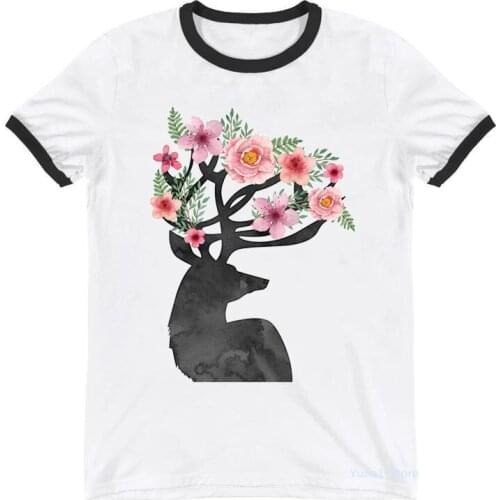 Watercolor Antlers Pink Flowers Print T-Shirt WomenS Clothing 2021 Tshirt Femme Tumblr Tops Tee Shirt Female Streetwear