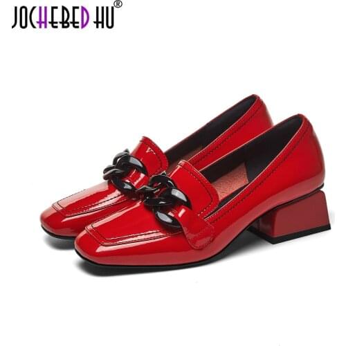 【JOCHEBED HU】2021 New Shoes Women Natural Genuine Leather High Heel Pumps Fashion Square Toe Footwear Thick Heels Dress Shoes Sp