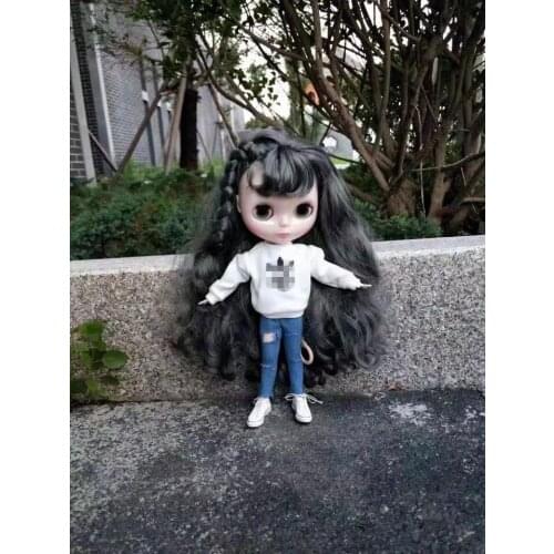 Blythes doll dress 1/6 size fashion white or black patterned hoodie blue or black Korean ripped and slim-cut jeans set