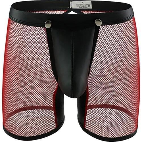Mens Removable Bulge Pouch Shorts Elastic Waistband Low Rise Brief Faux Leather Patchwork Boxer Transparent Mesh Open Butt Pants