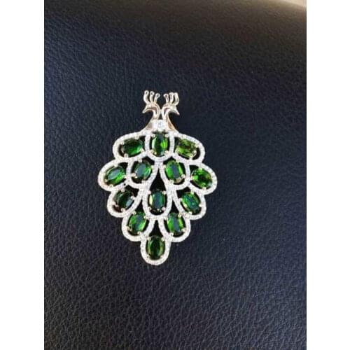 Natural green diopside stone stone pendant S925 silver Natural Gemstone Pendant Necklace elegant peacock women fine jewelry