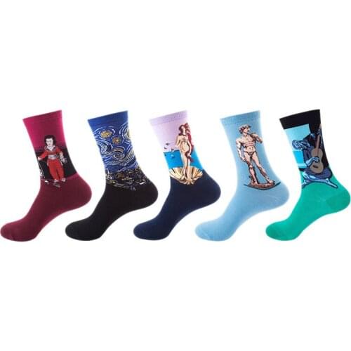 5Pairs Cotton Men Art Sock With Print Retro oil Painting spring Autumn Winter Happy Sock Women Cute unisex Funny Van Gogh Socks