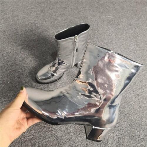 New Sliver Gold Women Ankle Boots Square Toe Chunky Low Heel Boots Mirror Metallic Women Pumps Female Sexy Botas Plus Size52