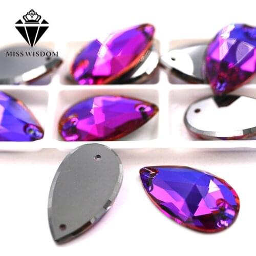 New Flatback glass double hole crystal sew on rhinestones Teardrop Purple blue light Flat buckle diy clothing accessories