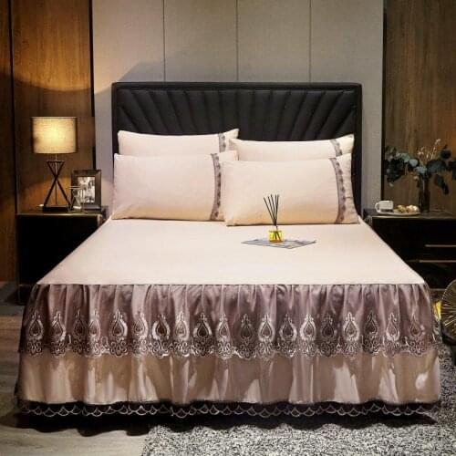 Pure color reactive printing and dyeing Bed spread Fitted Sheet Pillowcases 2/3pcs Luxury Lace embroidery princess Bedding