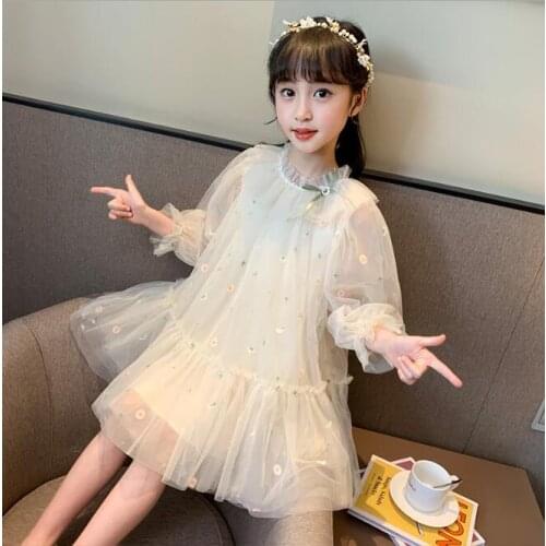 Autumn Girls Dress Teen Girls Chrysanthemum Embroidery Tulle Long Sleeve Princess Dresses Kids Clothing Children Dress