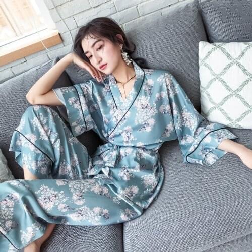 Flower Printed Sleepwear Loose Flare Home Pants Ice Silk Satin Robe Sets Kimono Bathrobe For Women Pajama Fashion Spring 2021
