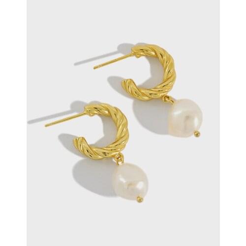 Authentic 925 Sterling silver Gold/White Half Circle Weave Twist Braid Irregular Baroque pearl dangle earrings Jewelry E506