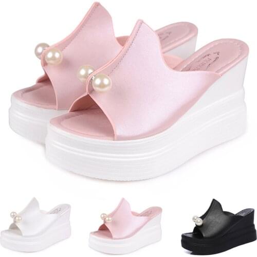 Women Slippers Summer Lady Fashion Casual Slippers Thick-Bottom Solid Pearl Waterproof Wedge Sandals Beach Shoes Plus Size