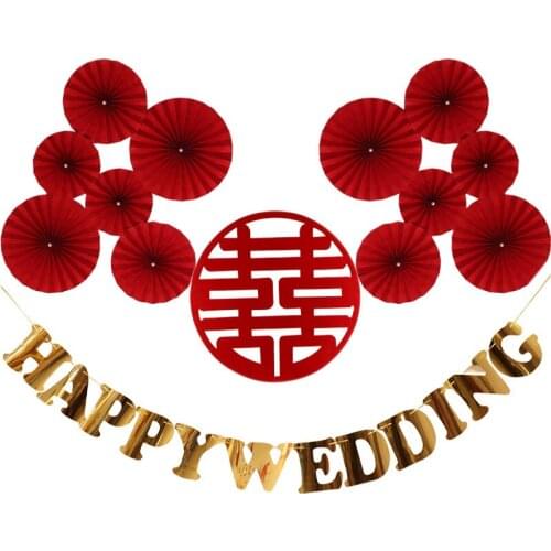 Happy Wedding Decoration For Home Festive Wedding Decoration Non-Woven Pendant Paperfan Mirror Banner Wedding DIY Decor