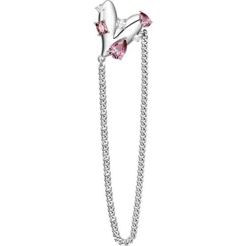 SOELLE Fashion Brand Pure 925 Sterling Silver Single Love Heart Ear Cuff with Chain and Purple Zircon Clip Earring 1PC for Women