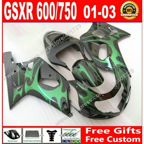 High quality Fairings for black with green SUZUKI 2001 2002 2003 GSXR 600 750 motocycle parts 01 02 03 fairing kits 7 gift IO07