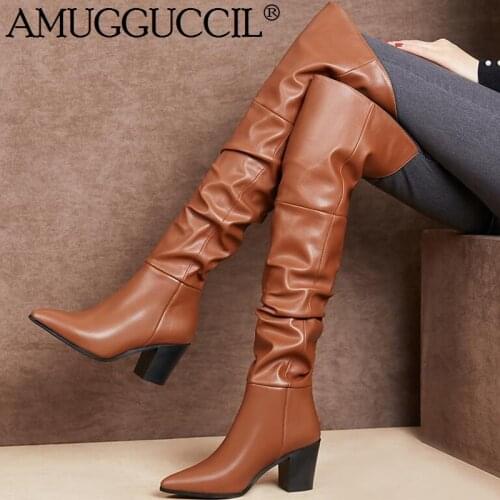 2021 New Plus Big Size 31-45 Brown Pleated Fashion Sexy Over The Knee Thigh High Heel Autumn Winter Female Lady Women Boot X1879