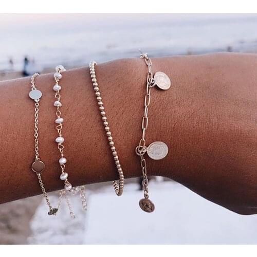 Vienkim Charm New Multilayer Coin Pendant Beads Chain Bracelet Gold Fashion 2019 Pearl Sequin Bracelets for Women Jewelry Gifts