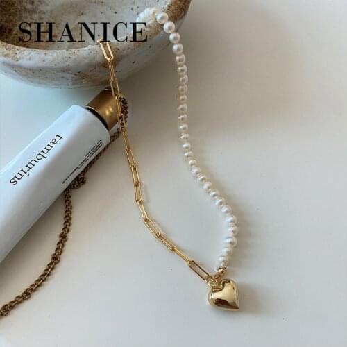 SHANICE 100% 925 Sterling Silver Love Asymmetry Freshwater Pearl Choker Necklace For Women Gold Face Fine Jewelry Chain
