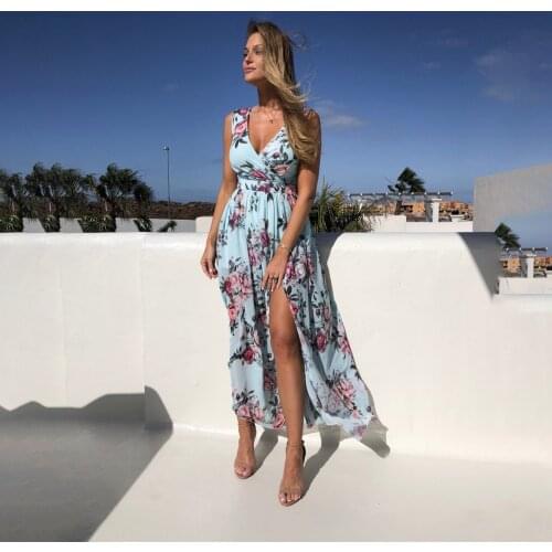 2021 Vintage Floral Print Maxi Dress Women Boho Sleeveless V Neck Long Dress Turn Down Collar Casual Beach Slit Long Skirt Shirt